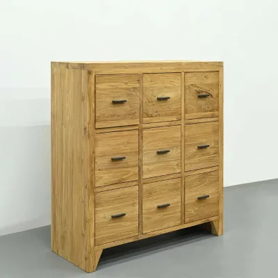 Old Teak Dresser with Handcrafted 9 Drawers and Tapered Legs, Reclaimed Wood Chest with Weathered Texture for Bedroom