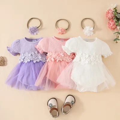 Sweet Baby Girl Lantern Short Sleeve Pit Strip Triangle Candy Color Girl Flower Dress Bodysuit 2-Piece Set Baby Girl Set