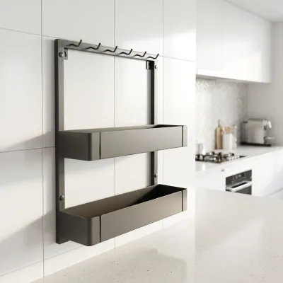 Wall Mount 2 Tier Shelf Storage Basket Iron Grey Kitchen Accessory Hanging Rack