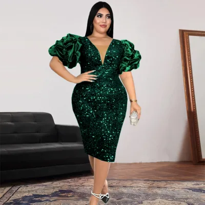 Party Dress Women V Neck Knee Length Short Sleeve Plus Size Sequin Dresses for Women Clothing