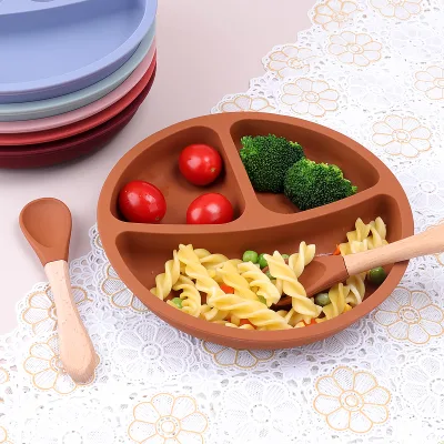 Baby Utensils 6-12Month Suction Divided Plate Silicone Baby Plate Set Wooden Baby Forks for Kids Feeding