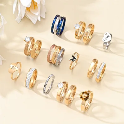 Stylish Stainless Steel Couples Ring Deluxe Fashion Wedding Band Gemstone Rings