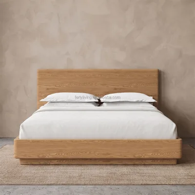 FERLY Contemporary Natural Oak Bedroom Set Wide Wood Headboard Low Profile Bed Open Storage Nightstand