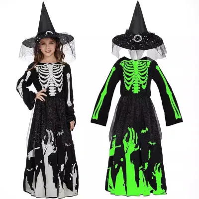 Halloween Womens Luminous Grim Reaper Skeleton Costume for Girls/Children-Party and Cosplay Outfit