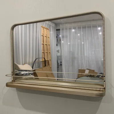 French Retro Wrought Iron Mirror with Tray Bathroom Mirror Metal Beaded Frame Vanity Mirror Custom Mirror with Guardrail Tray