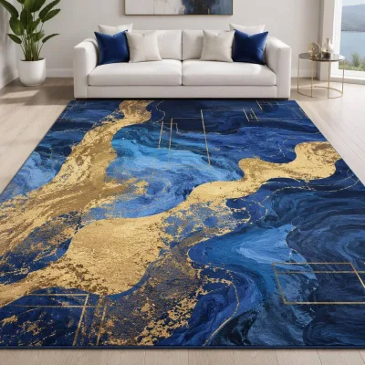 Luxury Modern Abstract Blue Gold Area Rug Washable Soft Large Living Room Carpet Floor Mat Home Decor
