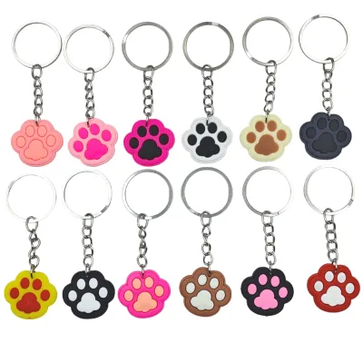 Wholesale 2D Soft PVC Dog Cat Paw Print Keychain Multi Color Rubber Pet Paw Key Ring for Pet Lover