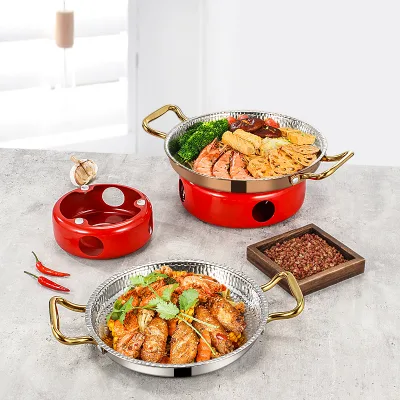 Modern Metal Stainless Steel Paella Pan with Hammer Pattern Non-Stick Hot Pot and Pot Holder for Gas Cooker Hand Wash Only