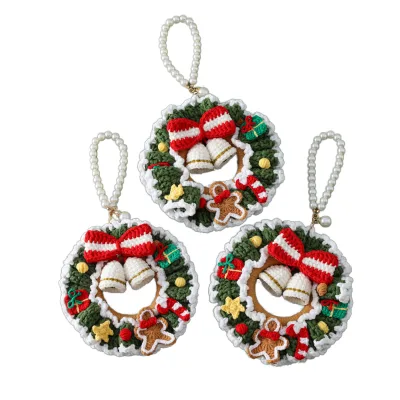 Artificial Handmade Crochet Flower Wreath Crocheted Christmas Gift Ornaments Car Bag Hanging Gingerbread Man Bow Bell Decoration