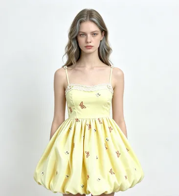 Yellow Spaghetti Strap Mini Dress Butterfly Floral Embroidery Lace Bubble Hem Sweet Summer Dress