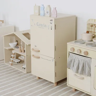 Beiyang Wood Cream-style Toy Set with Realistic Refrigerator & Cooking/Laundry Appliances for Unisex Ages 2-7