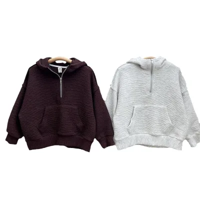 Fall New Children's Half Zip Wrinkle Pleated Hoodie Boys and Girls 95% Cotton Solid Color Bubble Wrinkle Hoodie 2024
