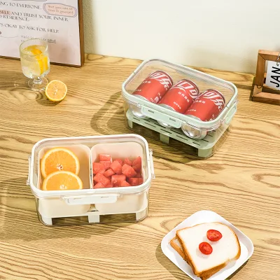 Portable Multi-Grid Food Container Kitchen Refrigerator Organizer Clear Divided Serving Veggie Tray Box with Lid and Handle