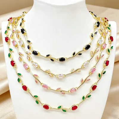 Trendy Gold Plated CZ Flower Branch Leaf Jewelry Set Colorful Tulip Flower Chain Necklace Women's Luxury Jewelry Set Wholesale