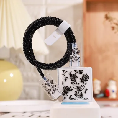 5Pcs SetVintage Black Rose Print Charger Protector Case for iPhone 18W 20W Adapter Anti-break Data Cable Sleeve Wrap Accessories