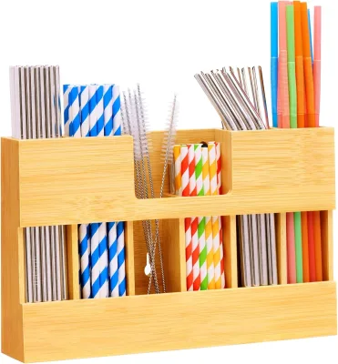 Wholesale Home Straw Organizer Rack Extra Large Bamboo Straw Holder Organizer with 6 Compartments for Long Short Straws
