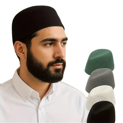 Factory Wholesale Men Breathable Brimless Polyester Cotton Mesh Kufi Muslim Prayer Cap for Ramadan