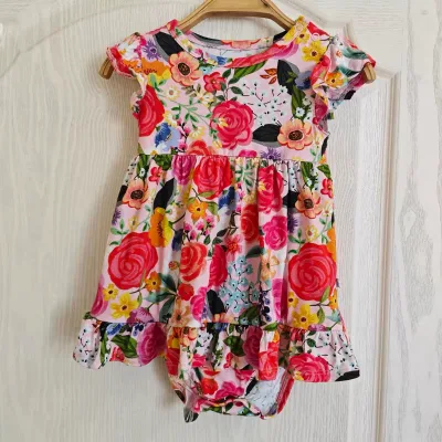 Newborn Bright Rose Floral Print Baby Girl Flutter Sleeve Romper Dress Soft Cotton Ruffle Hem Infants Summer Bodysuit Dress