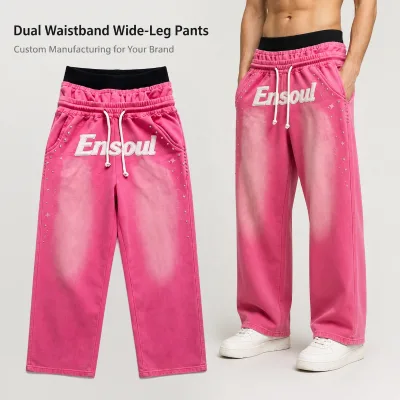 ODM OEM Pink Vintage Washed Streetwear Sweatpants Custom Applique Embroidery Rhinestone Breathable Men's Oversized Casual Pants