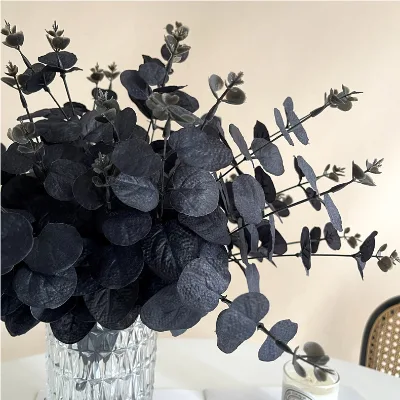 R-10 Artificial Black Eucalyptus Stems Leaves Gothic Greenery Branches for Halloween Bouquet Arrangement Home Decor