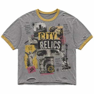 Y2K Wasteland Style Contrast Ringer T Shirt Unisex Customized Digital Print Graphics Vintage Washed Distressed T-Shirt Magliette