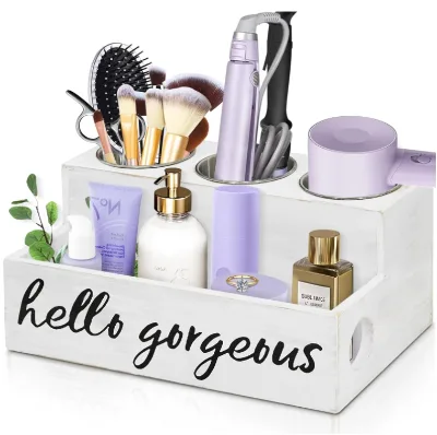 Wooden Square Office Organizer Storage Box for Hair Tools and Accessories Modern Stylish Multifunction Design