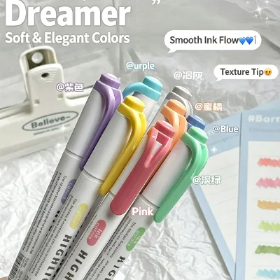5 Colors Dual End Pastel Mild Color Water Based Ink No Bleed Through Soft Chisel Tip Journal Pen Highlighter Pen Set