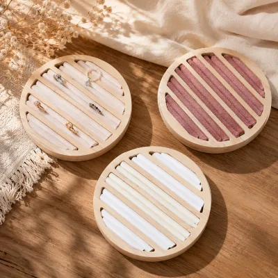 Natural Wooden Multi Slot Ring Display Tray with Velvet Rolls for Jewelry Store Counter Showcase