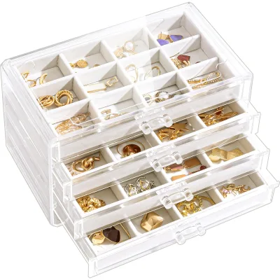 China Acrylic Jewelry Organizer Box With 3 / 4 Drawers, Clear Jewelry Boxes Earring Rings Storage Velvet Jewelry Display Case