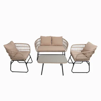 4-Piece Woven Wicker Patio Furniture Outdoor Conversation Steel Frame Set for Backyard Dining Garden Sofas Rope Material Hotels