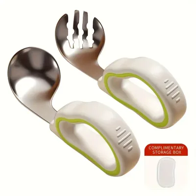 Self Feeding Training Kit Silicone Grip Stainless Steel Fork Spoon for Youngsters Over 3 Years
