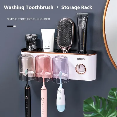 2025 New Model Wall-Mounted Plastic Toothbrush Holder Rack Square Toothbrush Cup Mouthwash Cup Set Hot Selling Home Bathroom