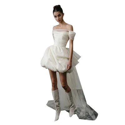 S0576N One-shoulder Plus Size Appliques Simple White Satin Light Wedding Dress Knee-Length Bride Engagement Marriage Ball Gown