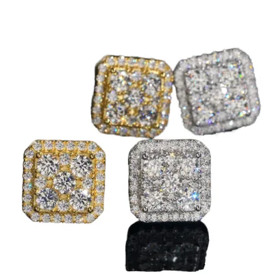 Hot Selling S925 Silver High-End Moissanite Earrings Large Luxurious Square Diamond Wholesale Price for Hip-hop Style