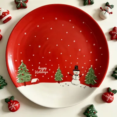 Red Snowman Christmas Ceramic Plate Dishwasher Safe Porcelain Plate for Holiday Gift