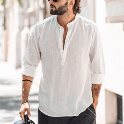 Men's Casual Stand Collar Door Cylinder Solid Color Long Sleeve Shirt Bamboo Cotton and Hemp Shirt
