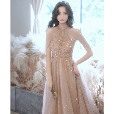 S0959N Women's Pink Evening Dress Lace Back Design Floral Print Wrap for Banquets Parties New Temperament Girl Dress