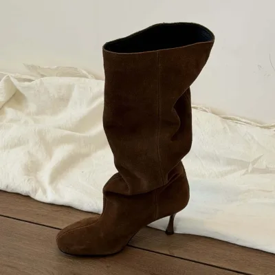 Original Brown Thin Knee-High Boots Women's Suede Cow Suede Toe Large Barrel Pleated Pile Autumn/Winter/Summer Rubber Outsole