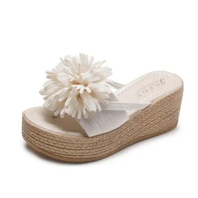 2023 Summer New Pintoed Large Slope Heel High Heel Slippers Round Toe Outwear Flower Women's Slope Heel Slippers