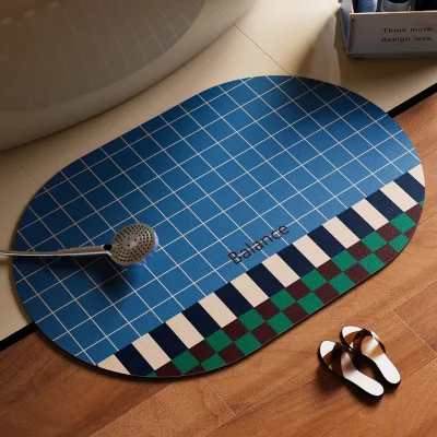Modern Minimalist Soft Diatom Mud Bathroom Floor Mat Absorbent Oval Checkered Geometric Pattern Machine Washable Quick-drying