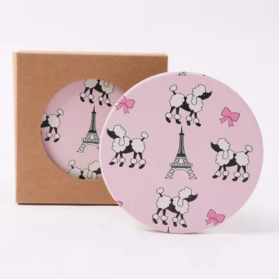 Custom pink Eiffel Tower logo Round Ceramic coaster with Anti-slip Cork Base