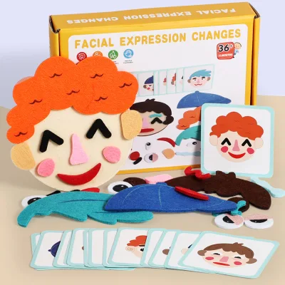 Promotion Wood Felt Cloth Expression Face Puzzle Make Faces Describe Feelings Educational Toy Social Emotional Games Kids