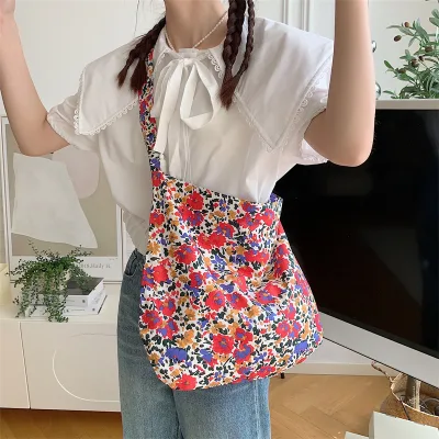 New Trending Fresh Floral Retro Cotton Tote Messenger Bag Magnetic Button Travel Casual Daily Shopping Shoulder Crossbody Bag