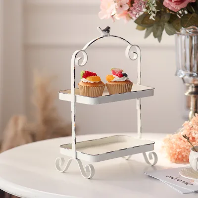 New Arrival 2 Tier Tower Afternoon Tea Fruit Food Display Cake Stand Tray With White Iron Frame