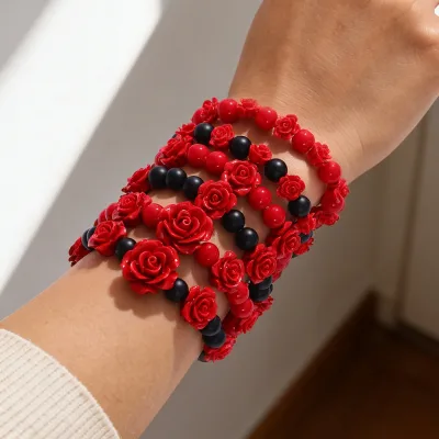 Asu Red Rose & Black Beaded Stackable Bracelet Set, Valentine's Day Romantic Jewelry