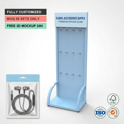 Modern Metal Pegboard Display Rack with Hooks Custom Floor Stand for Retail Phone Accessories & Electronic Store