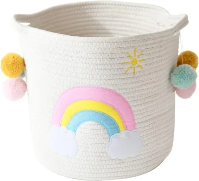 Cotton Rope Toy Baskets with Handles Large Rainbow Storage Bins Dog Toys Organizer Solution for Kids (Rainbow)