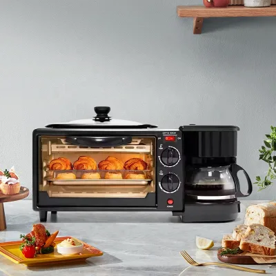 High-power 3-in-1 Electric Breakfast Station Toaster Oven Barbecue Grill Coffee Pot Convenient Household Breakfast Maker 9L