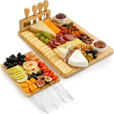 Premium Extra Thick Bamboo Cheese Board Set with 4 Piece Knife Set Rectangle Wood Board for Kitchen for Chopping Cutting Food