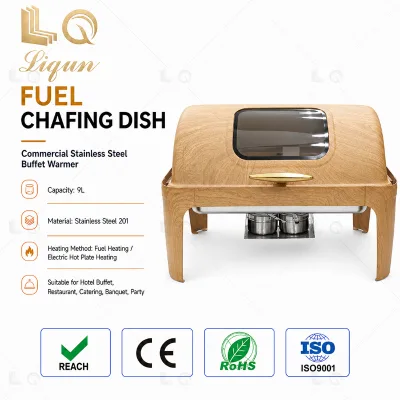 LQ Rectangular Buffet Stove Light Oak Wood Grain 9L 201 Stainless Steel Curved Lid Glass Window Gold Handle Fuel Canisters